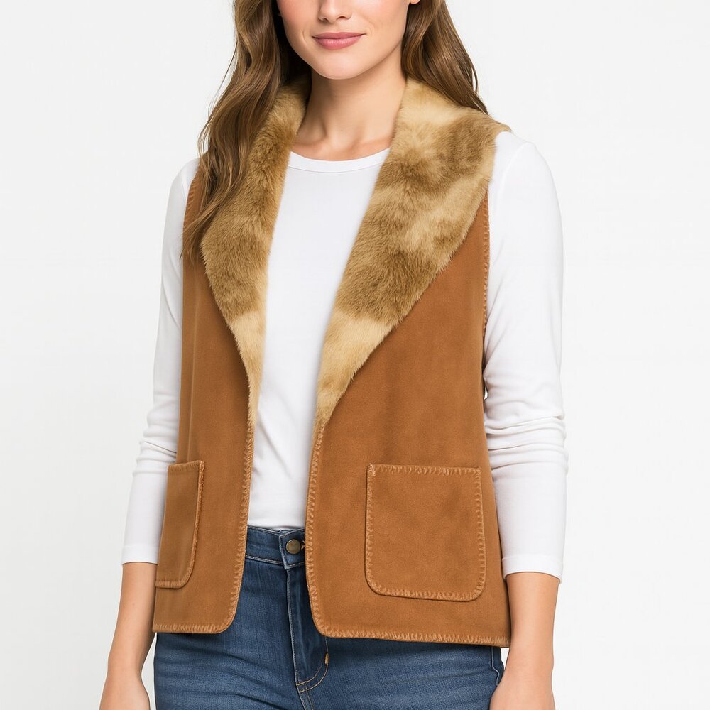 Faux Suede Boho Western Vest With Fur Lined  w/ Pockets EUC Size Medium